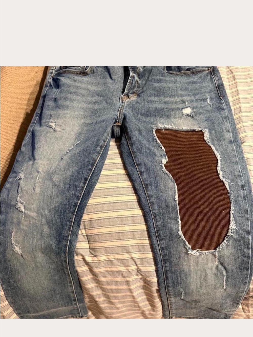Brand New - Anon -Men's Blue Distressed Jeans with Brown Patch
